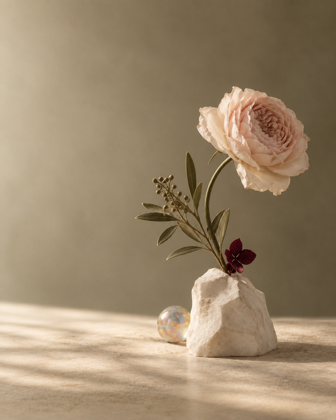 The Chosen Bloom sculptural wedding flower preservation concept with a blush garden rose, preserved foliage, stone-look base, and opalescent orb.