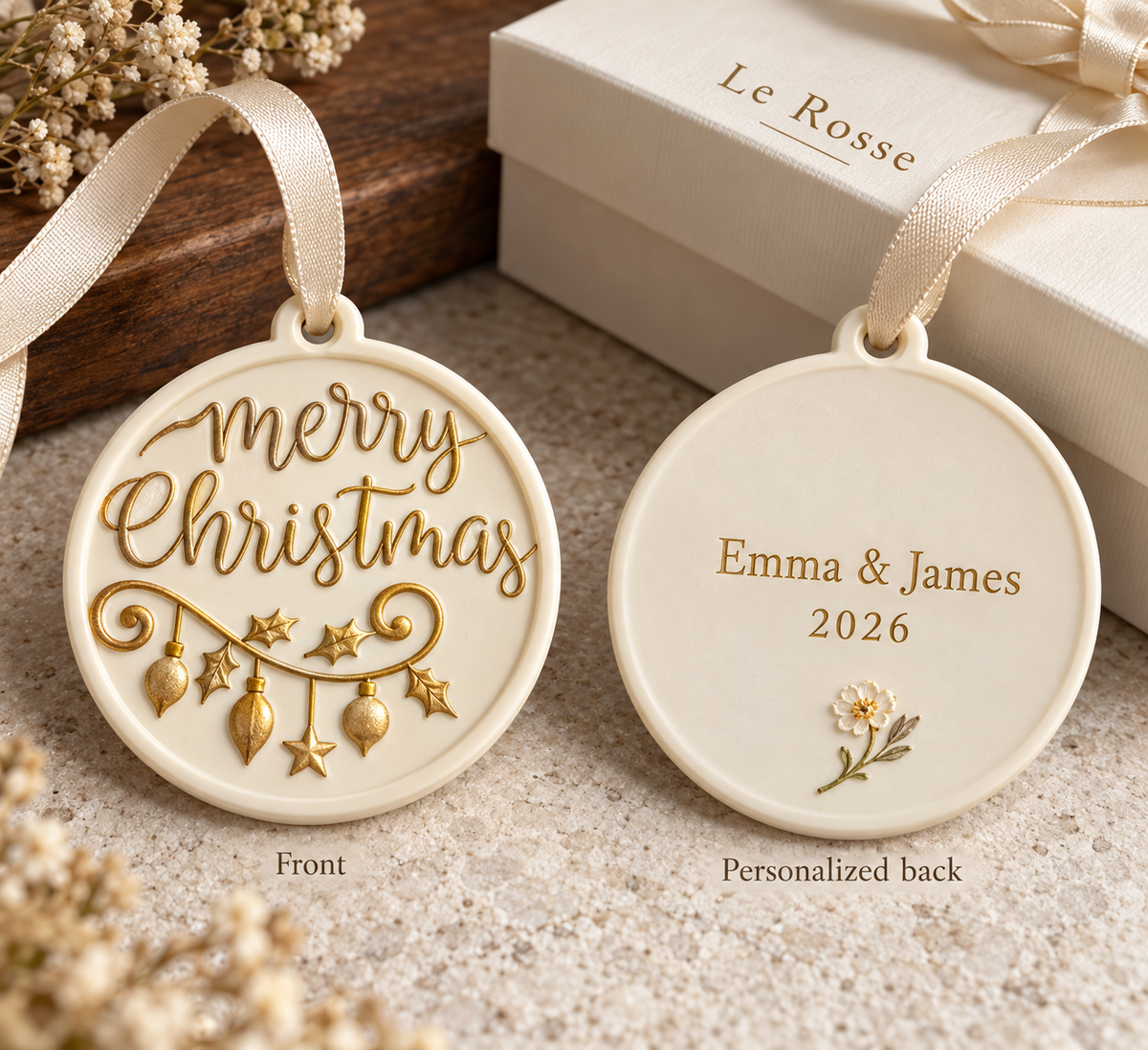 Design preview for Our First Christmas — Botanical Keepsake. Other items in the scene are styling context; contents follow the selected option.