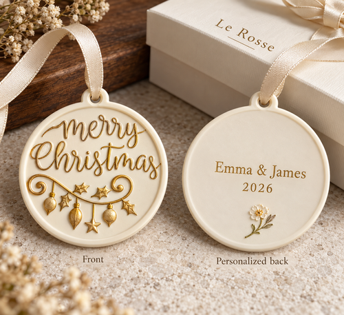 Design preview for Our First Christmas — Botanical Keepsake. Other items in the scene are styling context; contents follow the selected option.