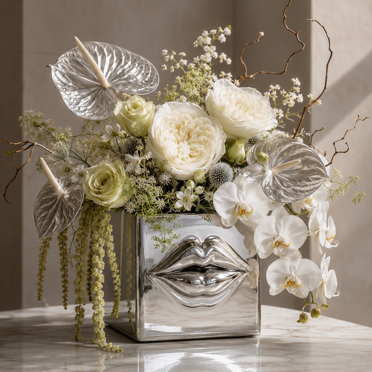 Chrome Iconic Lips fresh sculptural floral arrangement