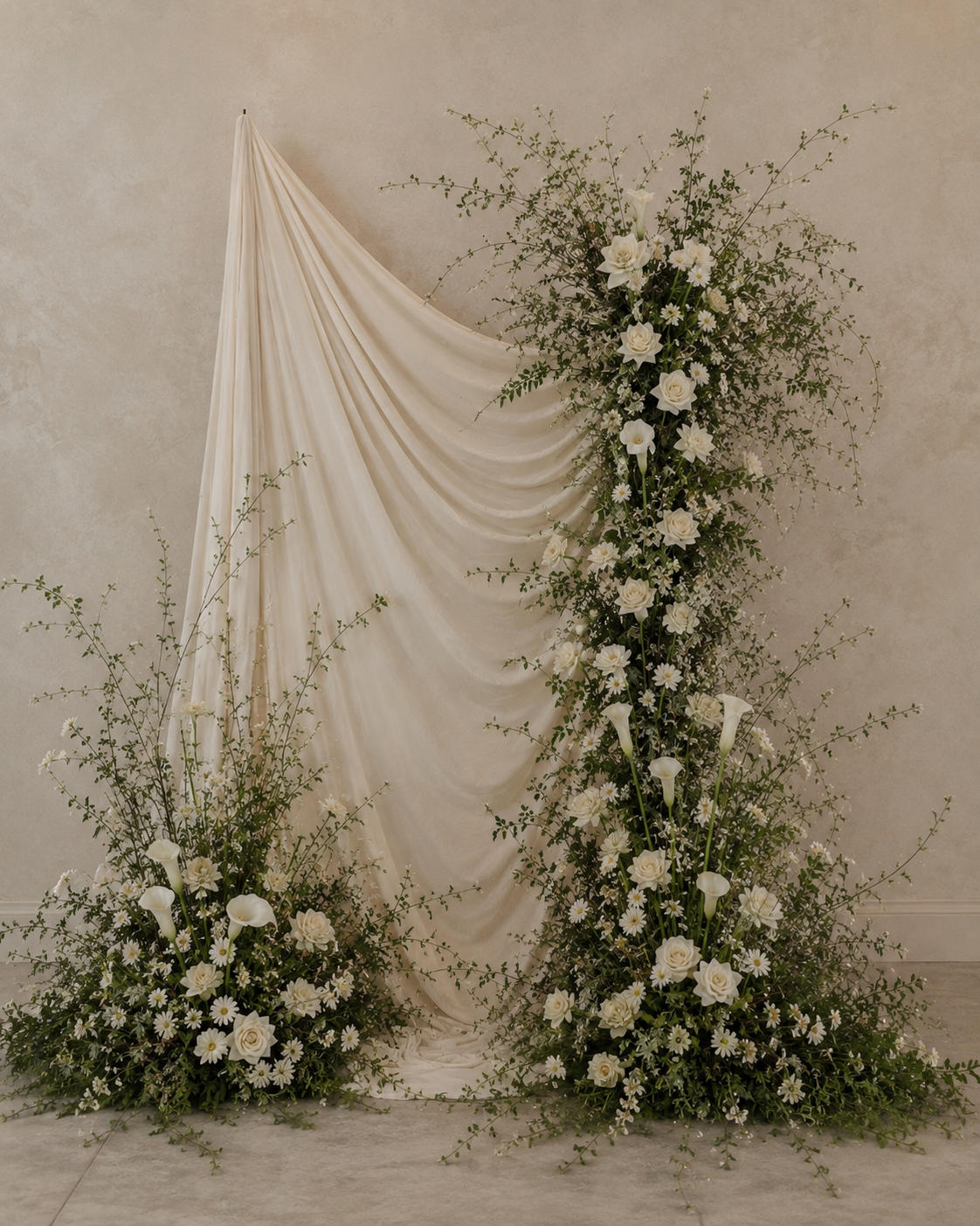 Le Rosse Studio premium real-touch floral rental installation with ivory draping, white botanical meadows, and ceremony backdrop