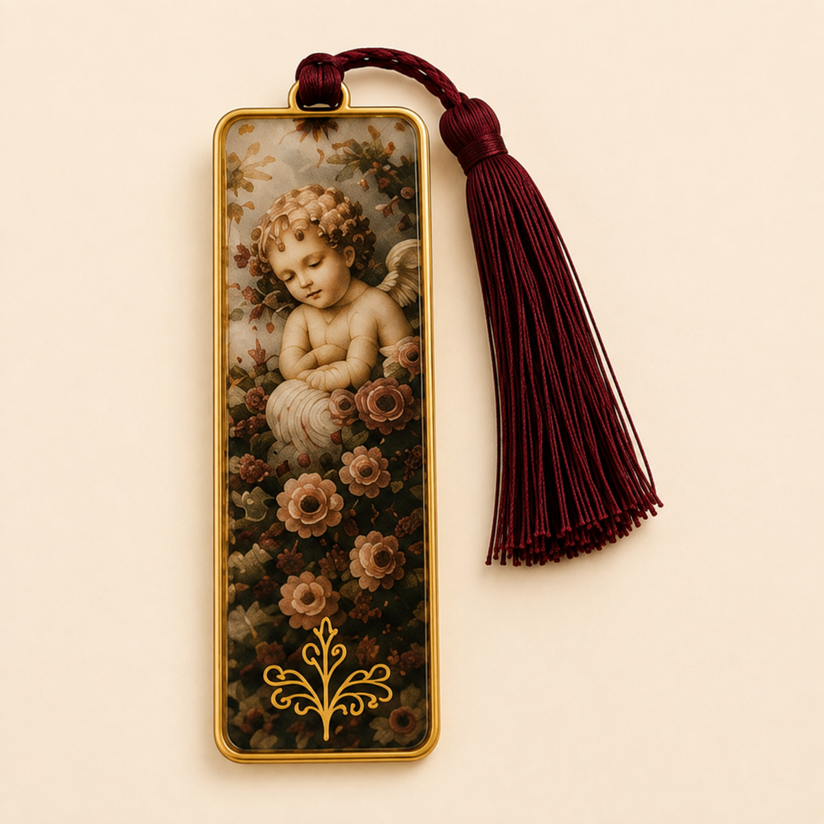 Le Rosse Studio Guardian Angel bookmark with cherub medallion and burgundy tassel