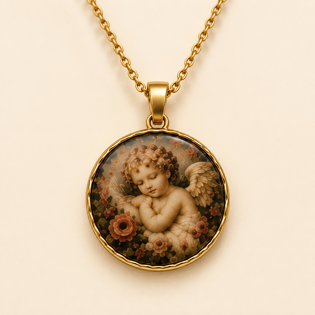 Le Rosse Studio Guardian Angel cherub pendant on a soft ivory background