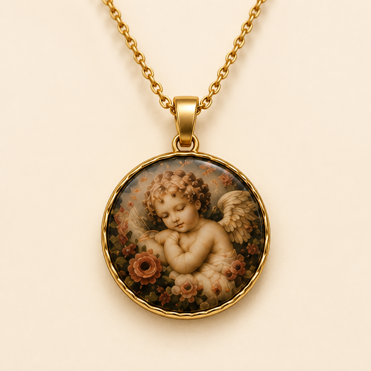 Le Rosse Studio Guardian Angel cherub pendant on a soft ivory background