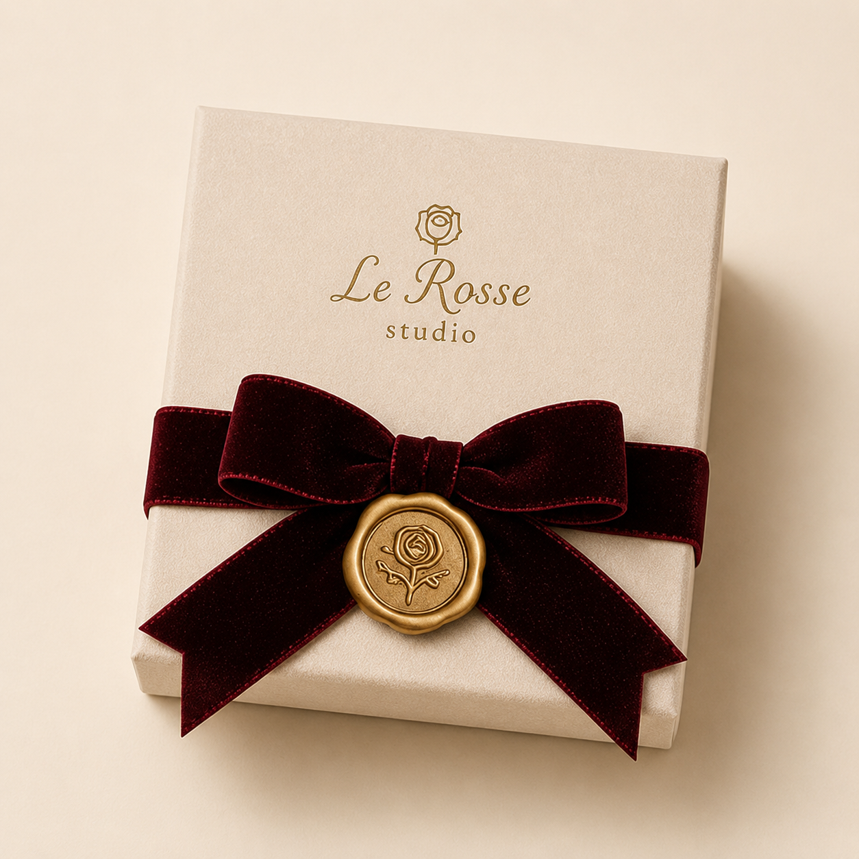 Le Rosse Studio Guardian's Grace signature cream gift box with burgundy ribbon