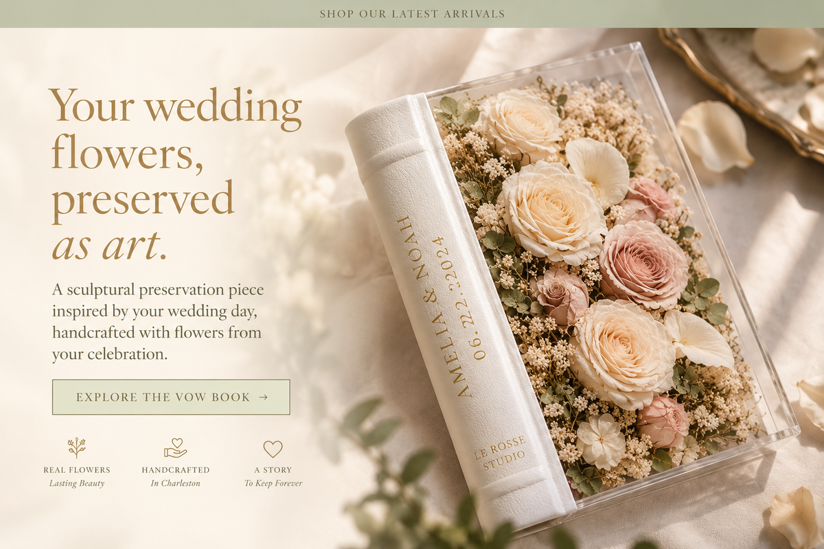Le Rosse Studio Botanical Vow Book wedding flower preservation hero in soft ivory, blush and antique gold