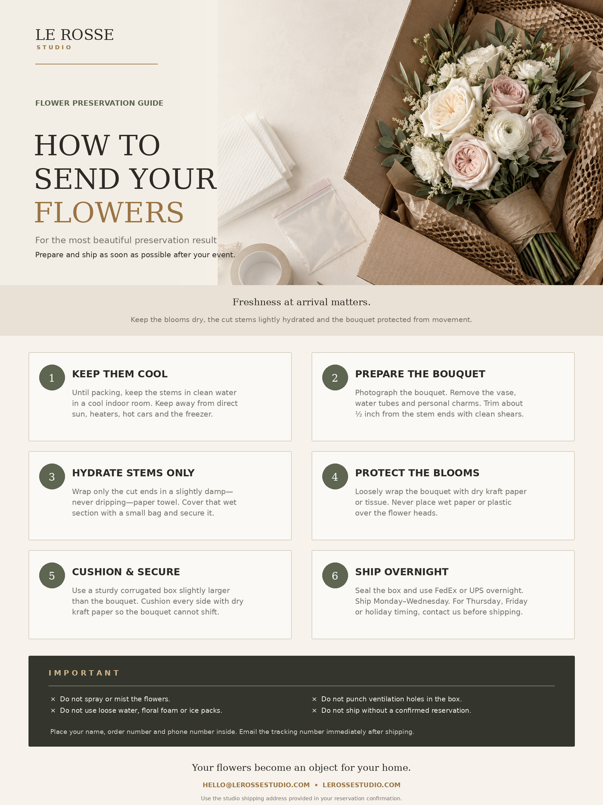 Le Rosse Studio guide showing how to prepare and ship wedding flowers for preservation