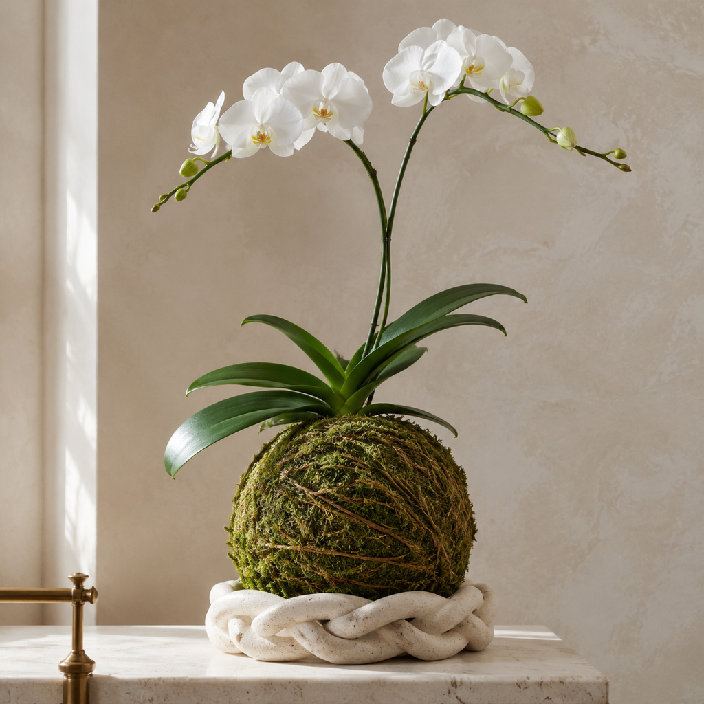 White Phalaenopsis orchid Kokedama by Le Rosse Studio