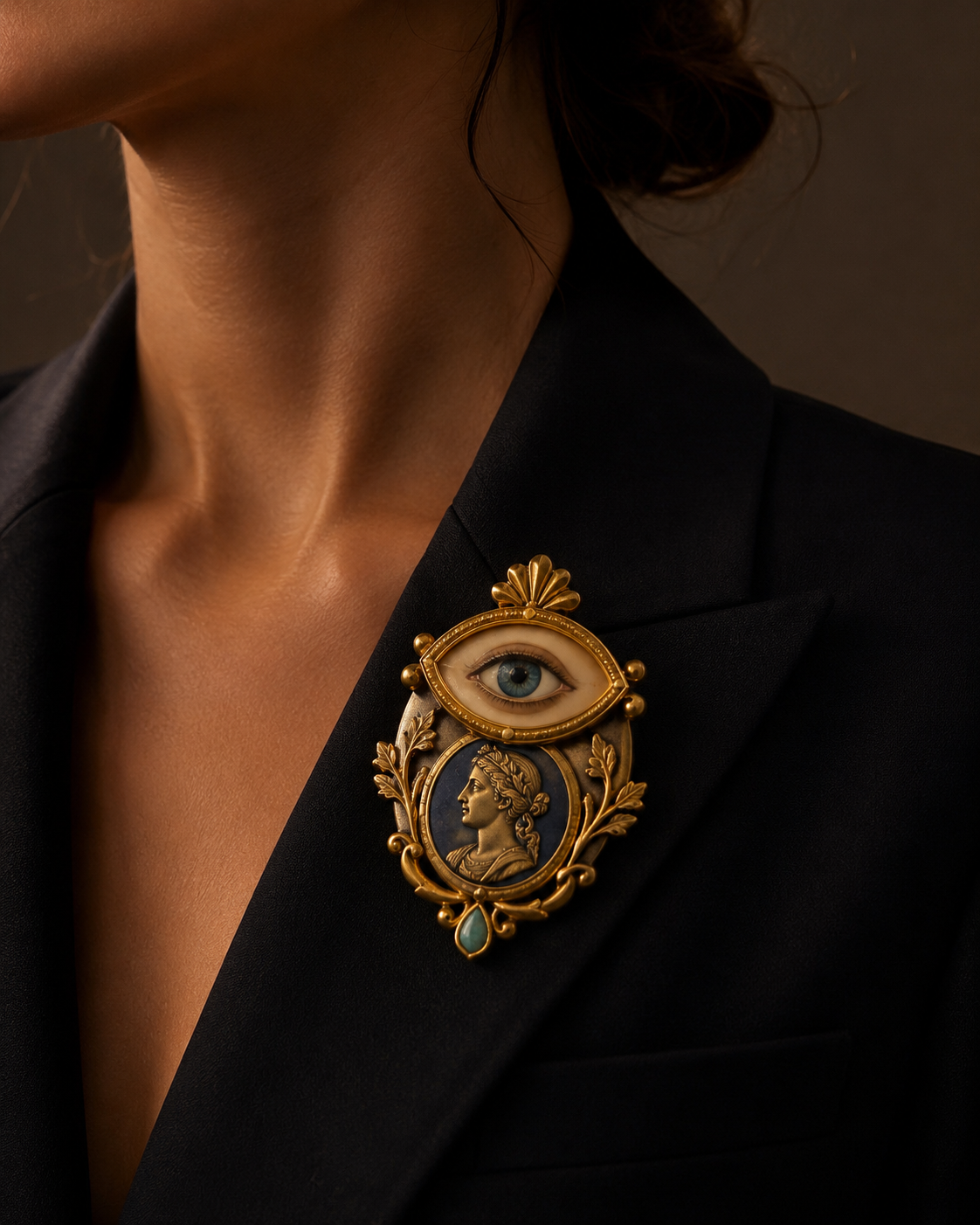 Lover's Eye cameo medallion brooch in warm gold finish by Le Rosse Studio