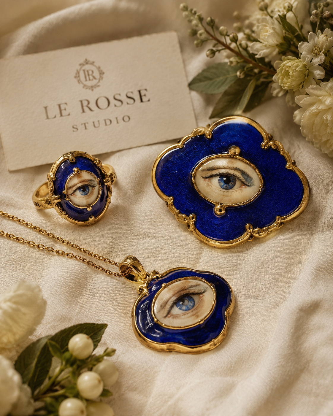 Cobalt Lover's Eye gold-finish ring pendant and brooch by Le Rosse Studio