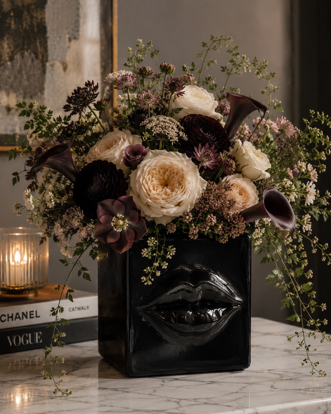 Black Iconic Lips fresh sculptural floral arrangement