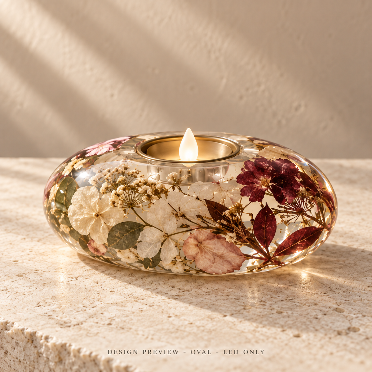 AI design preview - Preserved Bloom oval resin botanical LED tealight holder
