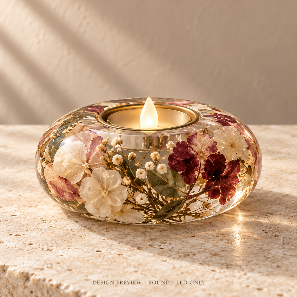 AI design preview - Preserved Bloom round resin botanical LED tealight holder