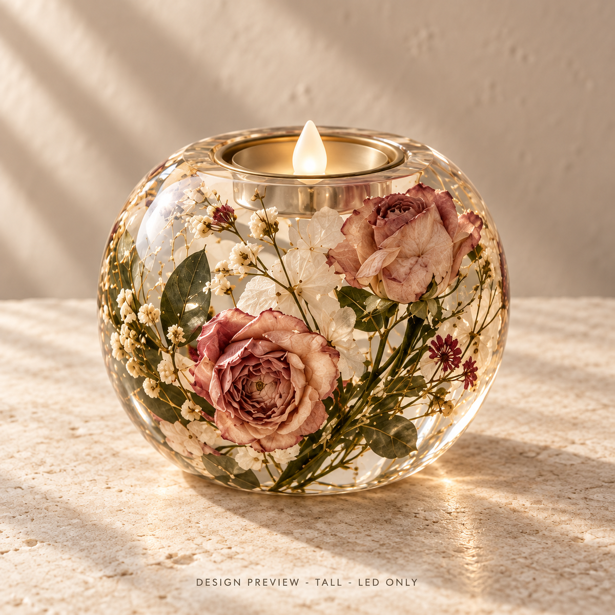 AI design preview - Preserved Bloom tall resin botanical LED tealight holder