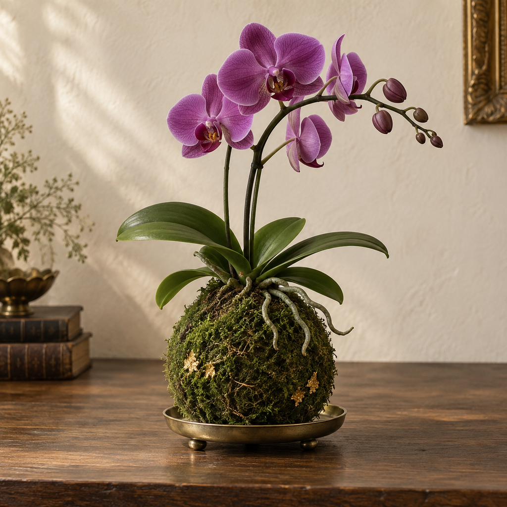 Purple miniature orchid Kokedama with natural green moss and restrained antique-gold leaf on an optional brass base