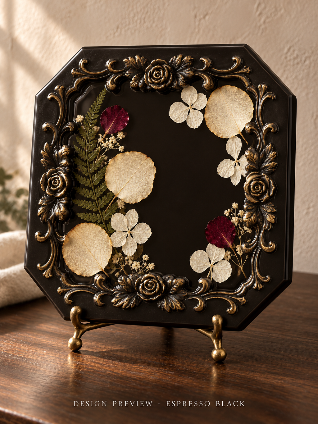 AI design preview of Rose & Remembrance resin keepsake plaque in espresso with preserved flowers and ornate rose relief