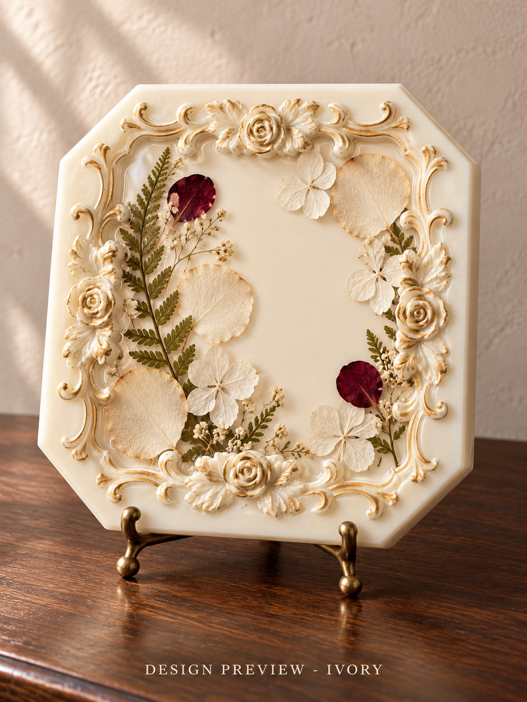 AI design preview of Rose & Remembrance resin keepsake plaque in ivory with preserved flowers and ornate rose relief