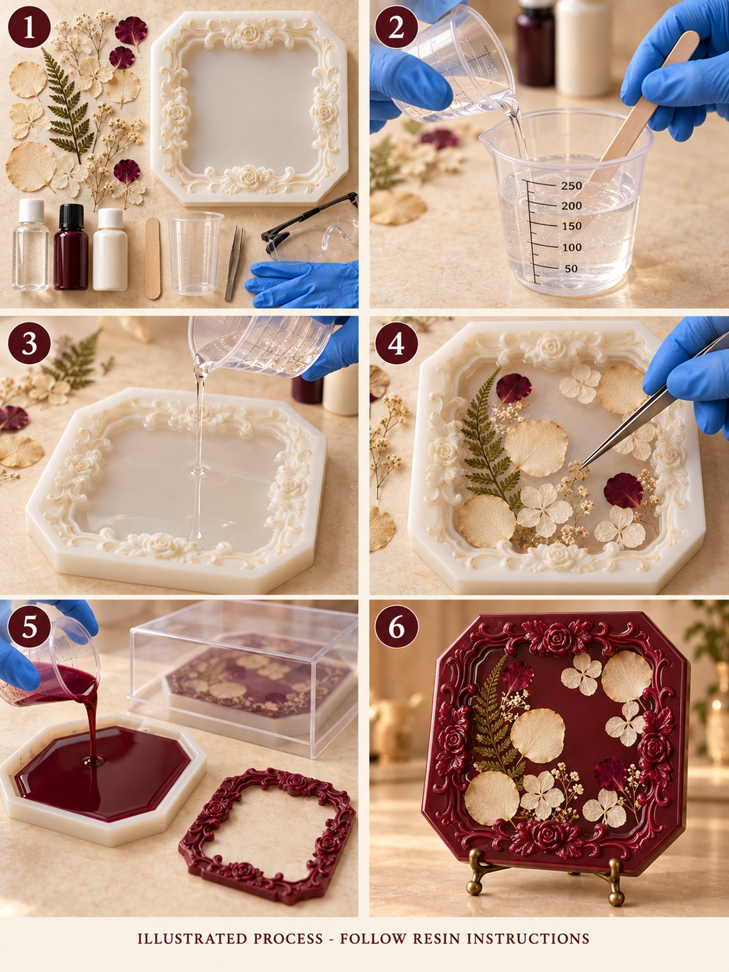 Illustrated six-step resin plaque making process; concept illustration