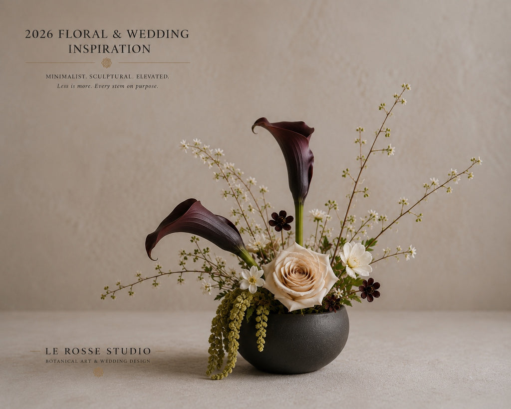 Le Rosse Studio sculptural calla bouquet in dark burgundy, ivory, and olive botanical tones