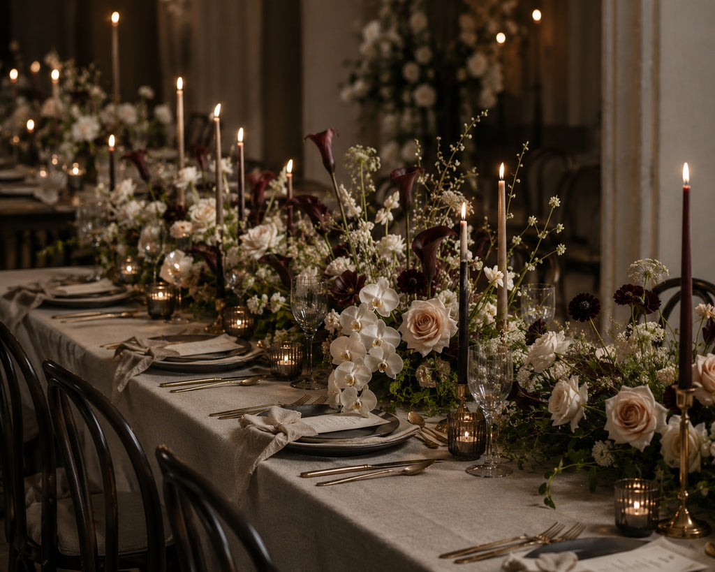 Le Rosse Studio matte black sculptural floral centerpiece with dark calla lilies, ivory flowers, burgundy accents, and olive greenery