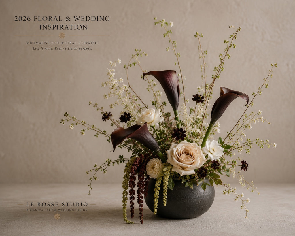 Le Rosse Studio reception floral rental styling with dark calla lilies, ivory flowers, burgundy accents, olive greenery, and candlelight