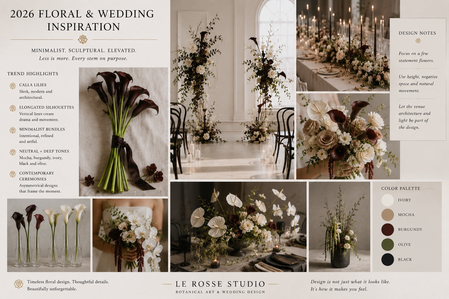 Le Rosse Studio sculptural calla reception table styling with dark calla lilies, ivory flowers, burgundy accents, olive greenery, and candlelight