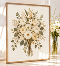 Design preview of an ivory and olive pressed wedding bouquet in a light natural-wood botanical portrait frame