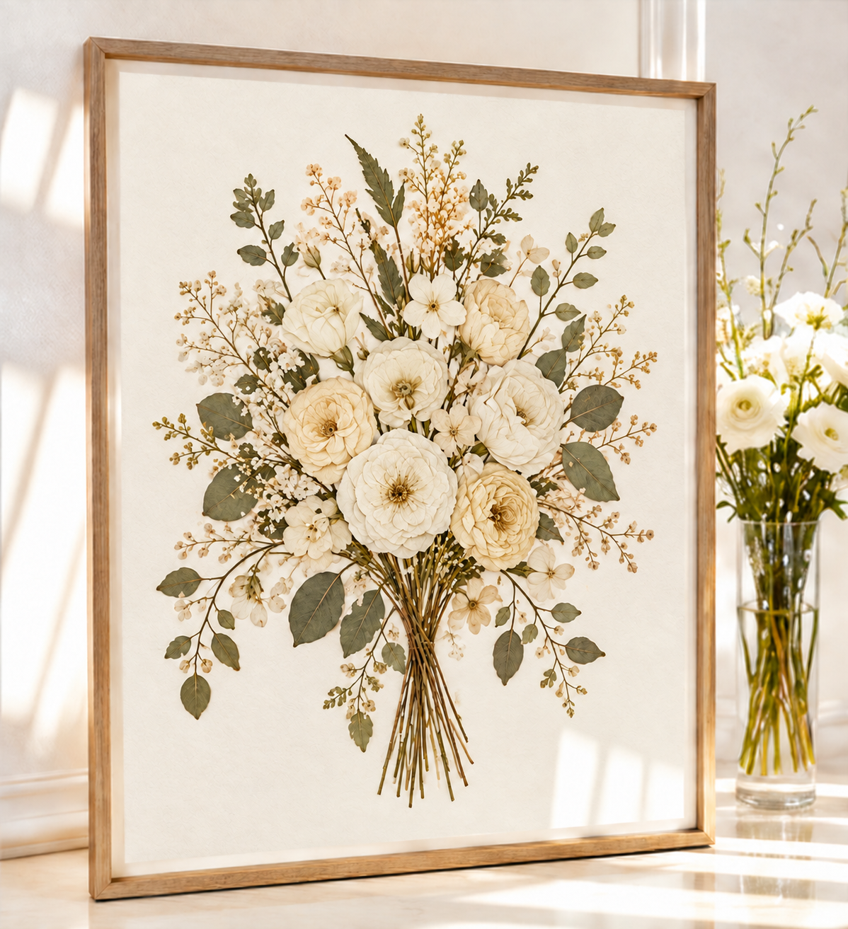 Design preview of an ivory and olive pressed wedding bouquet in a light natural-wood botanical portrait frame