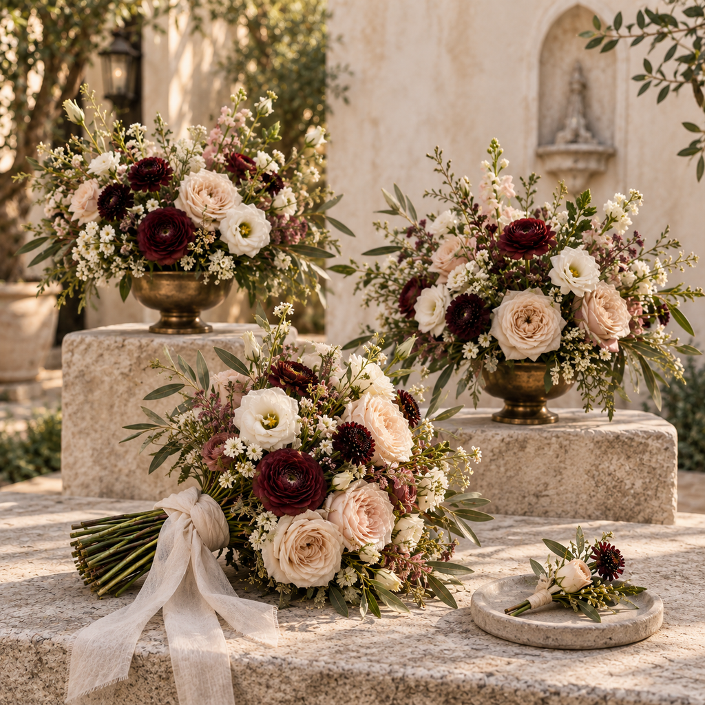 Le Rosse Studio Ceremony Set with one bridal bouquet, one boutonniere and two coordinated ceremony arrangements.