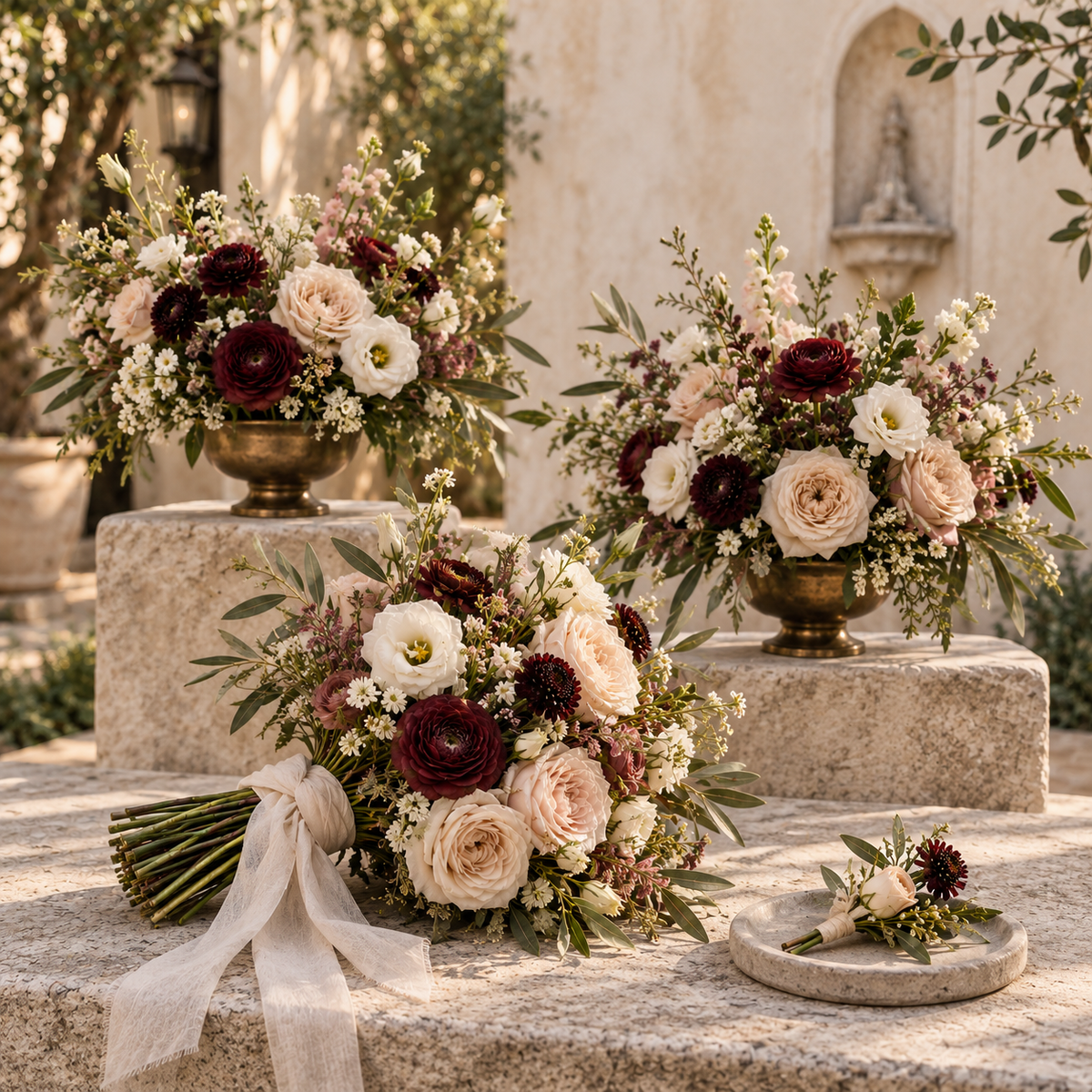 Le Rosse Studio Ceremony Set with one bridal bouquet, one boutonniere and two coordinated ceremony arrangements.