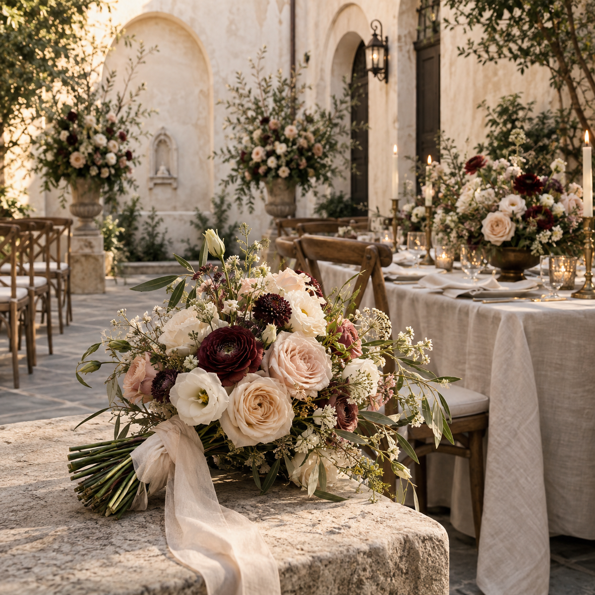 Le Rosse Studio intimate Charleston wedding florals with bridal bouquet, ceremony arrangements and reception table flowers.