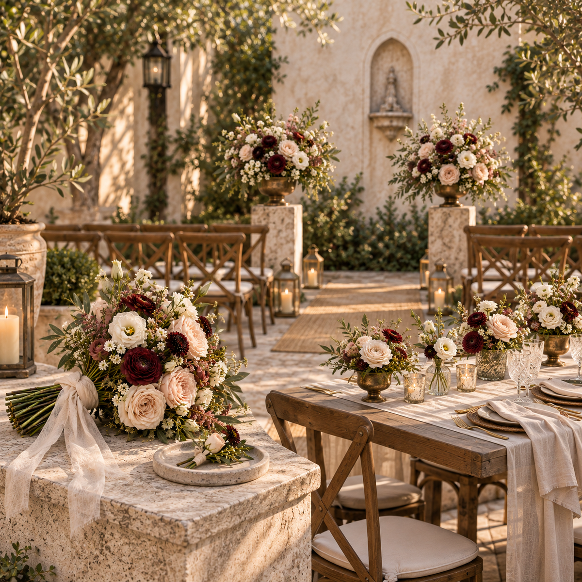 Le Rosse Studio Intimate Celebration package with bridal bouquet, boutonniere, ceremony florals and reception table arrangements.