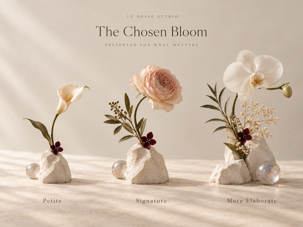 Le Rosse Studio The Chosen Bloom wedding flower preservation collection showing Petite, Signature, and Elaborate sculptural preserved-flower options.