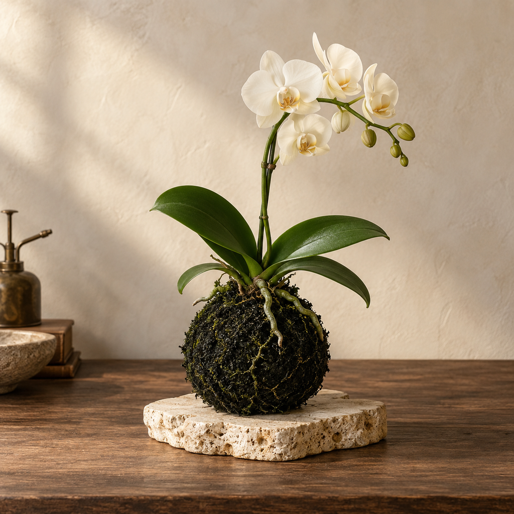 Volcanic Noir miniature ivory orchid Kokedama with charcoal-black preserved moss on an optional travertine base