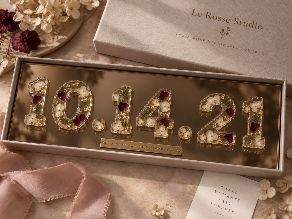 Le Rosse Studio Wedding Date keepsake box with scalloped floral resin numbers on a smoked bronze background.