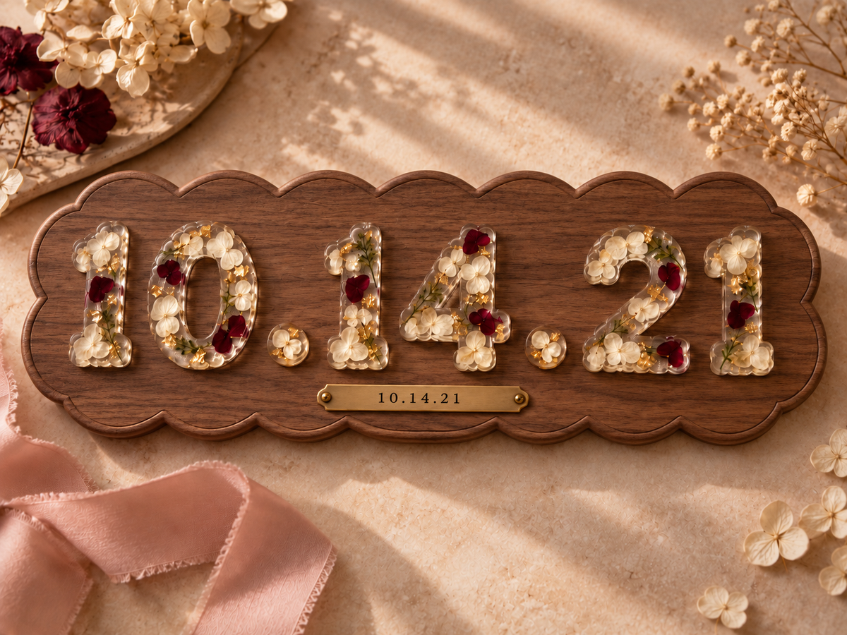 Le Rosse Studio Wedding Date botanical keepsake on a scalloped walnut display plaque with floral resin numbers.