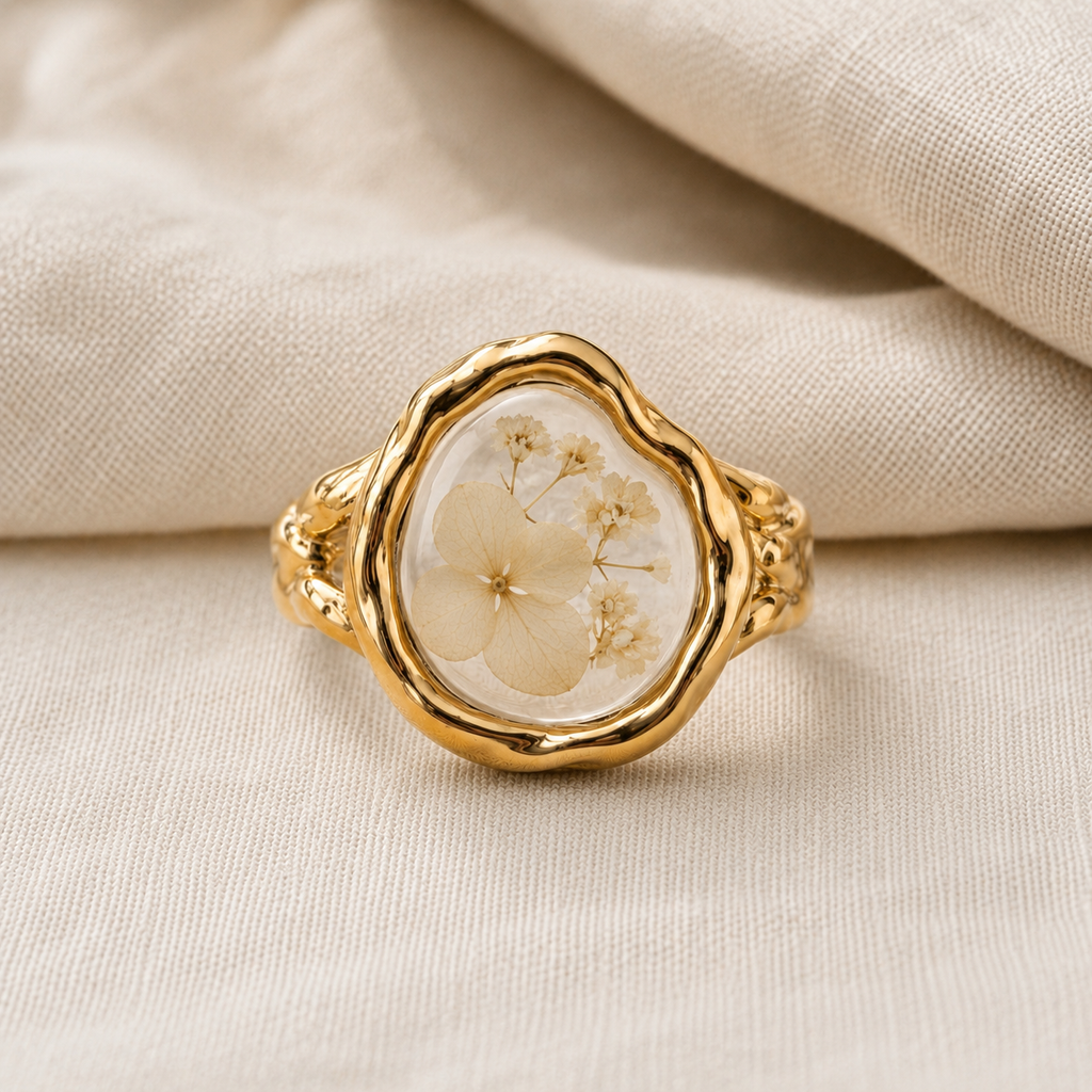 Le Rosse Studio Wedding Flower Botanical Relic Ring in Gold Finish with preserved wedding flower fragments in a clear relic setting