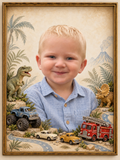 Illustrative design preview of a personalized child shadow-box portrait with miniature cars, monster truck, fire truck and dinosaurs