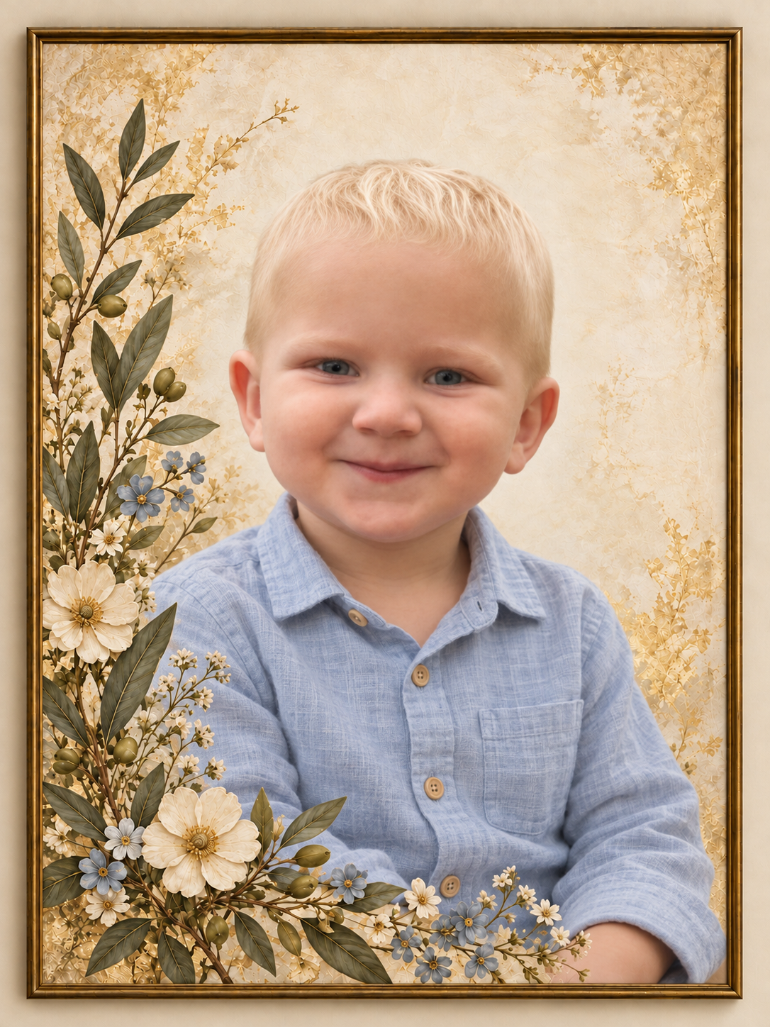 Illustrative design preview of a personalized child portrait with ivory flowers, blue accents and olive branches