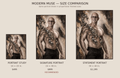 Digital design preview comparing three Modern Muse portrait sizes; illustrative concept, not a finished physical portrait