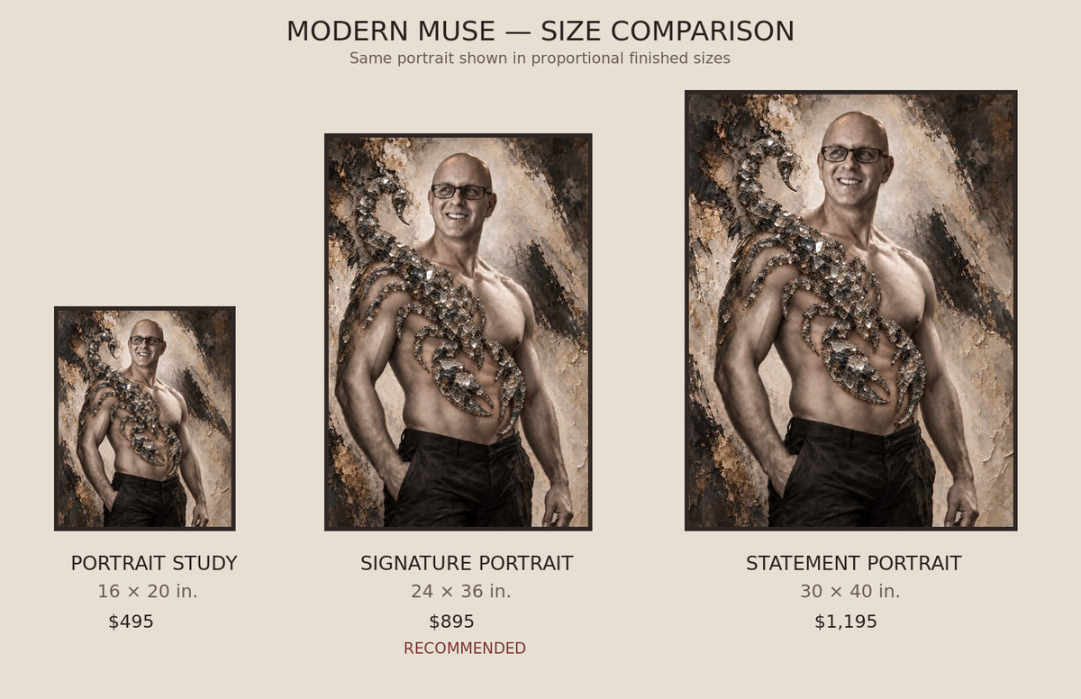 Digital design preview comparing three Modern Muse portrait sizes; illustrative concept, not a finished physical portrait