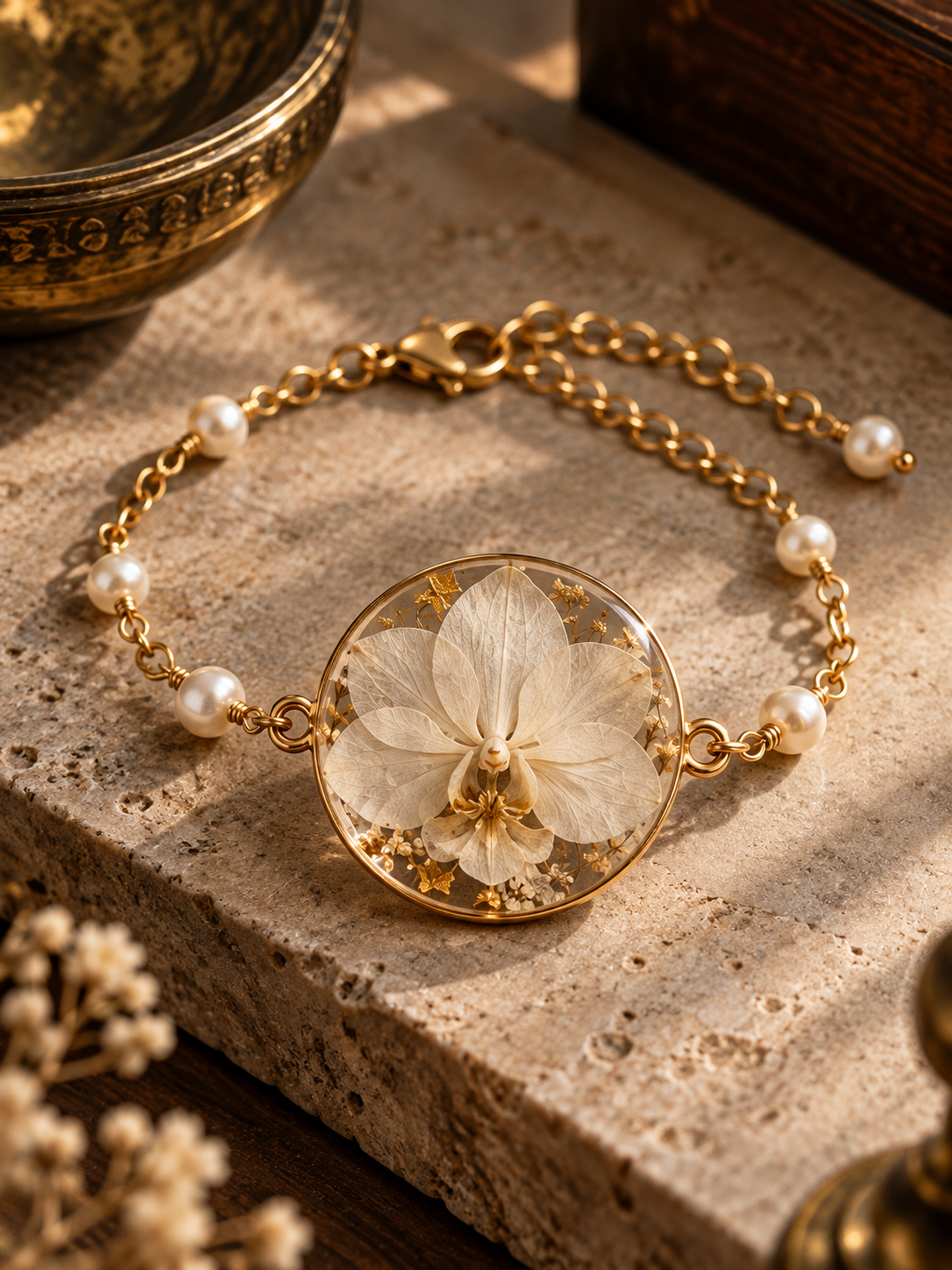 Design preview: ivory orchid botanical resin bracelet with pearl accents and gold-tone links