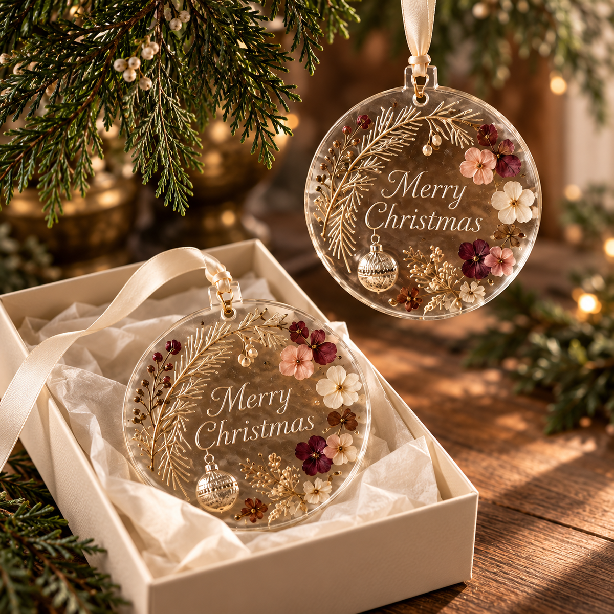 Our First Christmas design preview showing two round botanical ornaments with pressed flowers, one hanging and one in an ivory gift box.