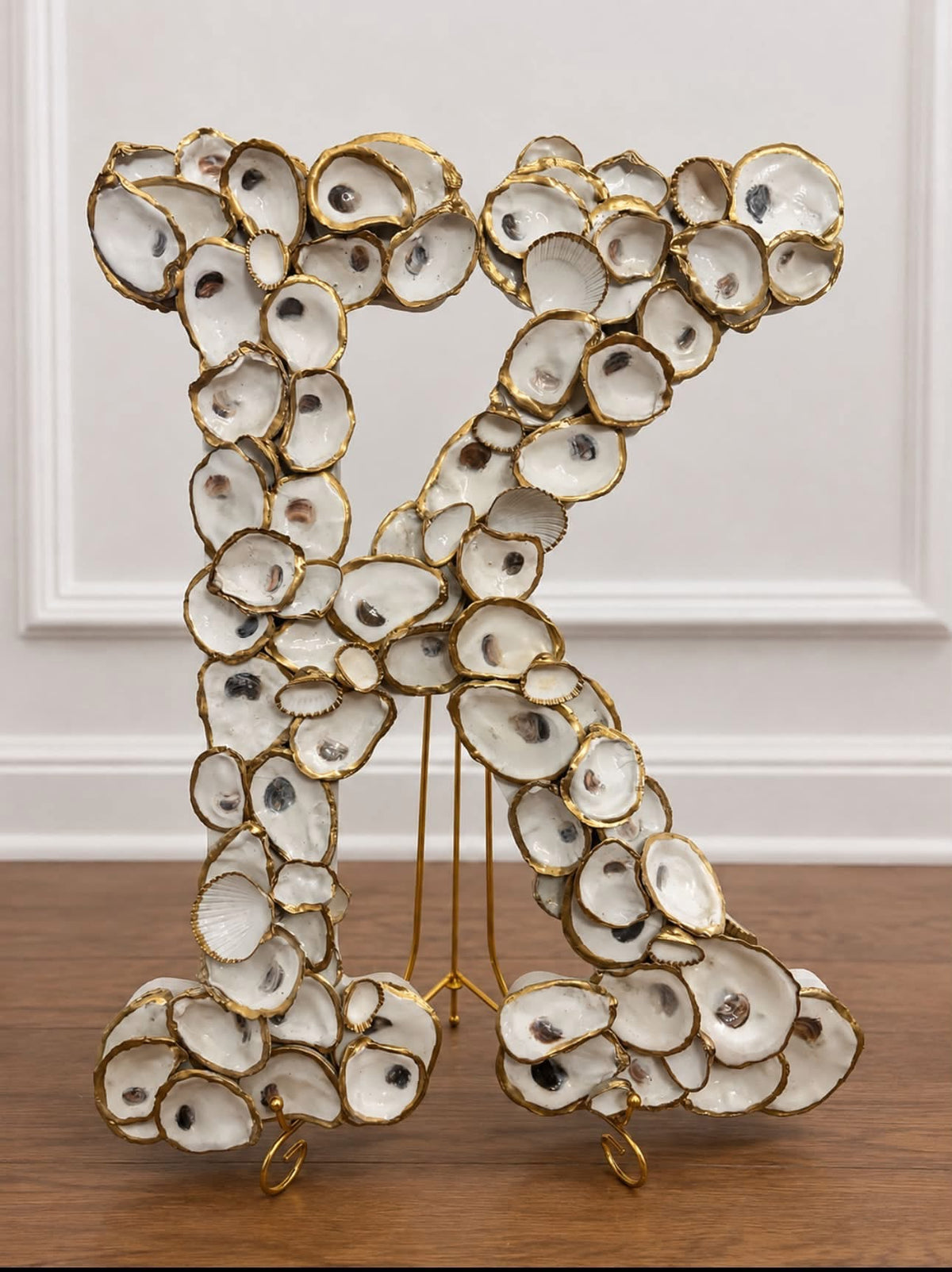 Personalized Oyster-Shell Monogram letter K handcrafted with natural shells and antique-gold edges