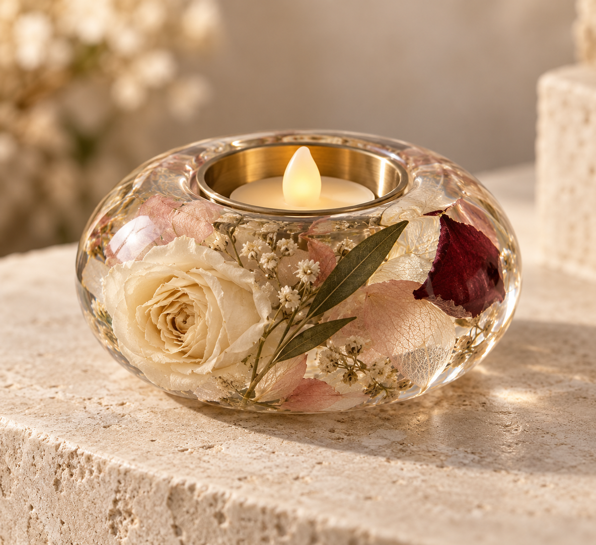 Full Bloom preserved-flower resin luminary design visualization