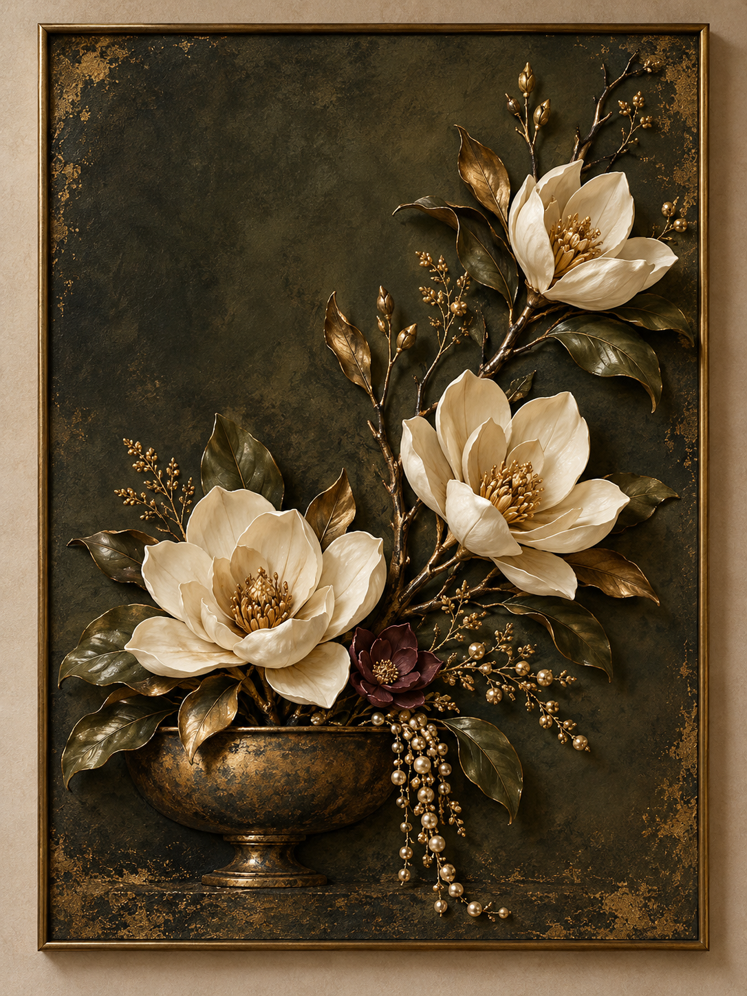 Magnolia Nocturne — AI-assisted concept, botanical print with selected raised resin accents