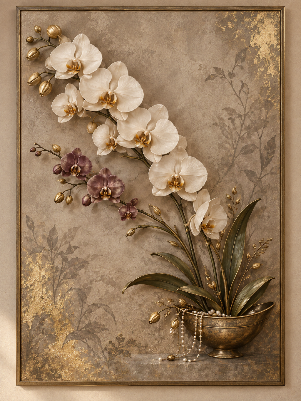 Orchid Reverie — AI-assisted concept, botanical print with selected raised resin accents