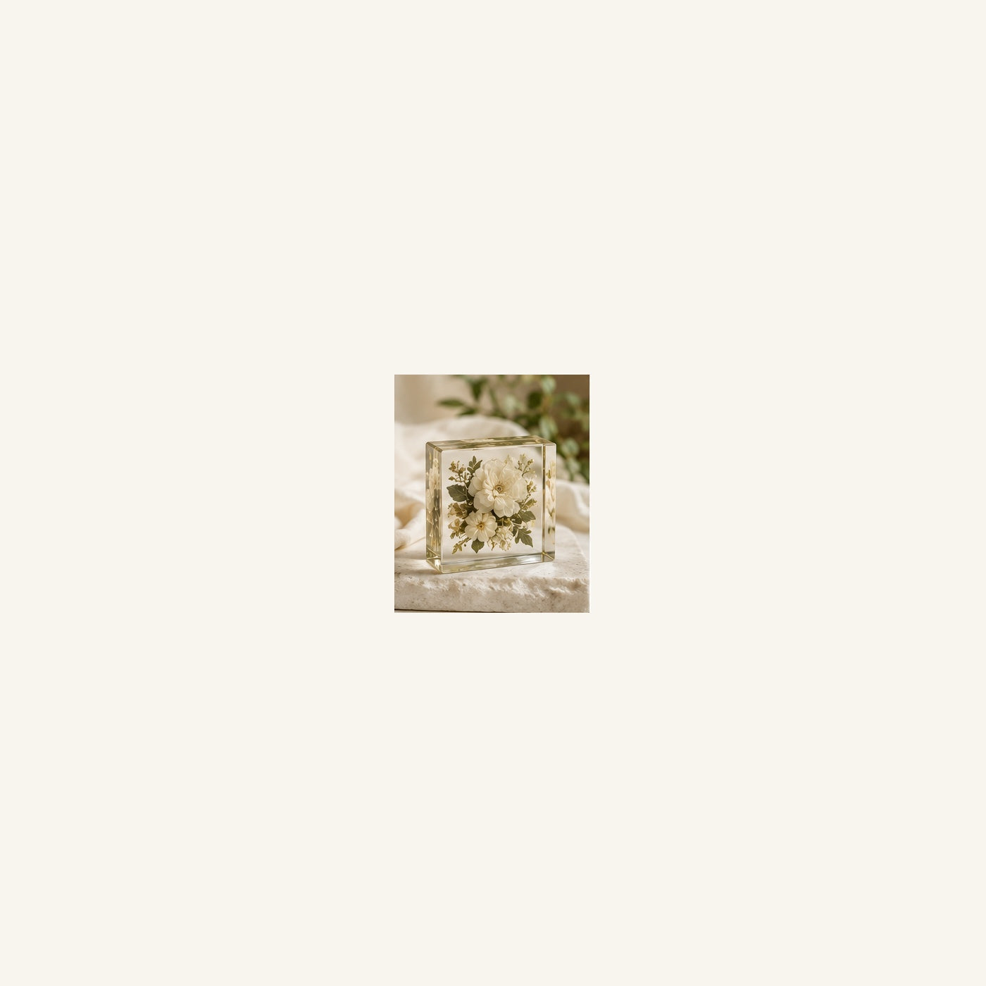 Small Heirloom wedding flower preservation in bright ivory bridal styling