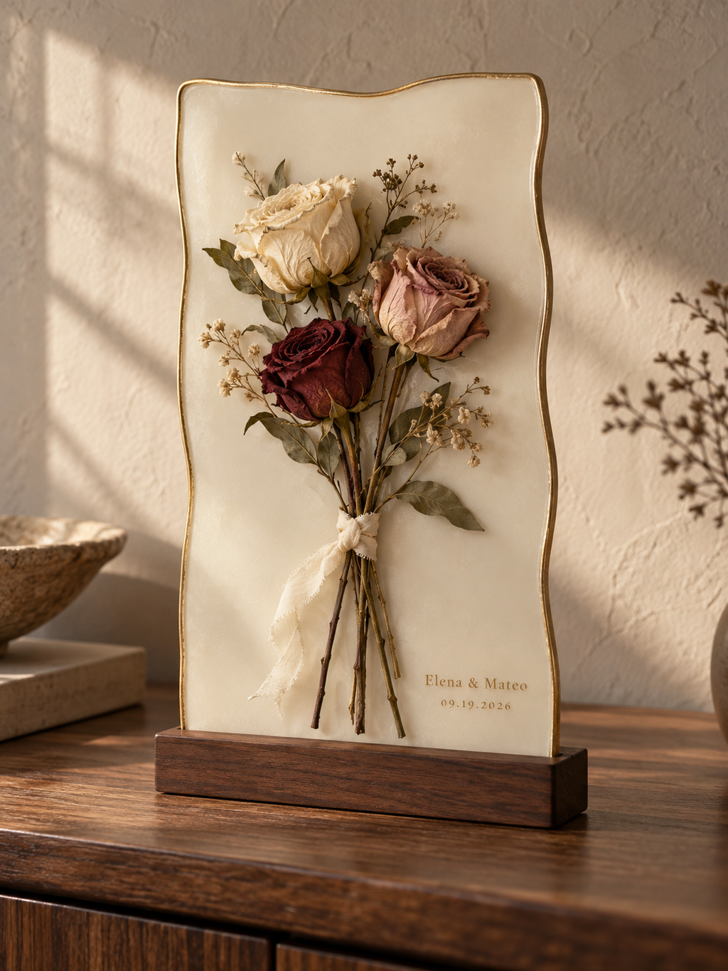 AI-assisted concept of a wavy ivory resin plaque with three preserved roses mounted in relief and a walnut stand. Final mold silhouette, flower size and inscription vary.