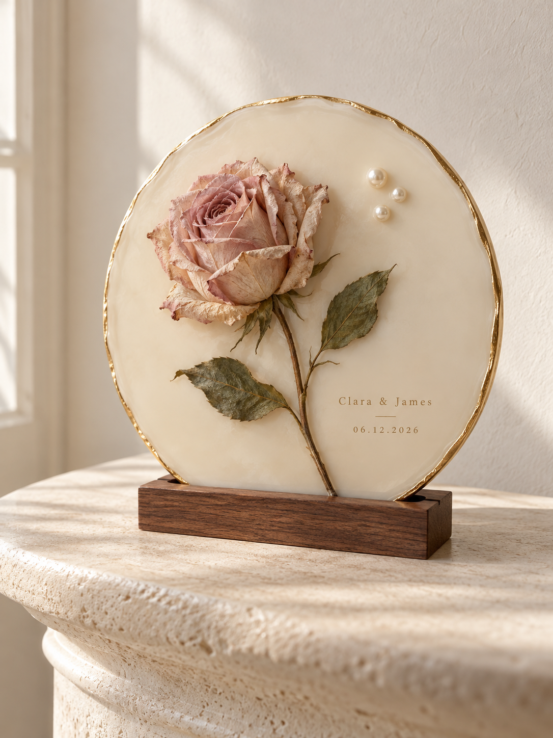 AI-assisted design concept of a round ivory resin plaque with a single naturally dried blush rose mounted in relief, three pearl accents and a walnut stand; final size and outline require physical mold confirmation.